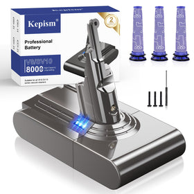 Kepism Dyson V8 8000mAh battery replacement for longer cleaning sessions.