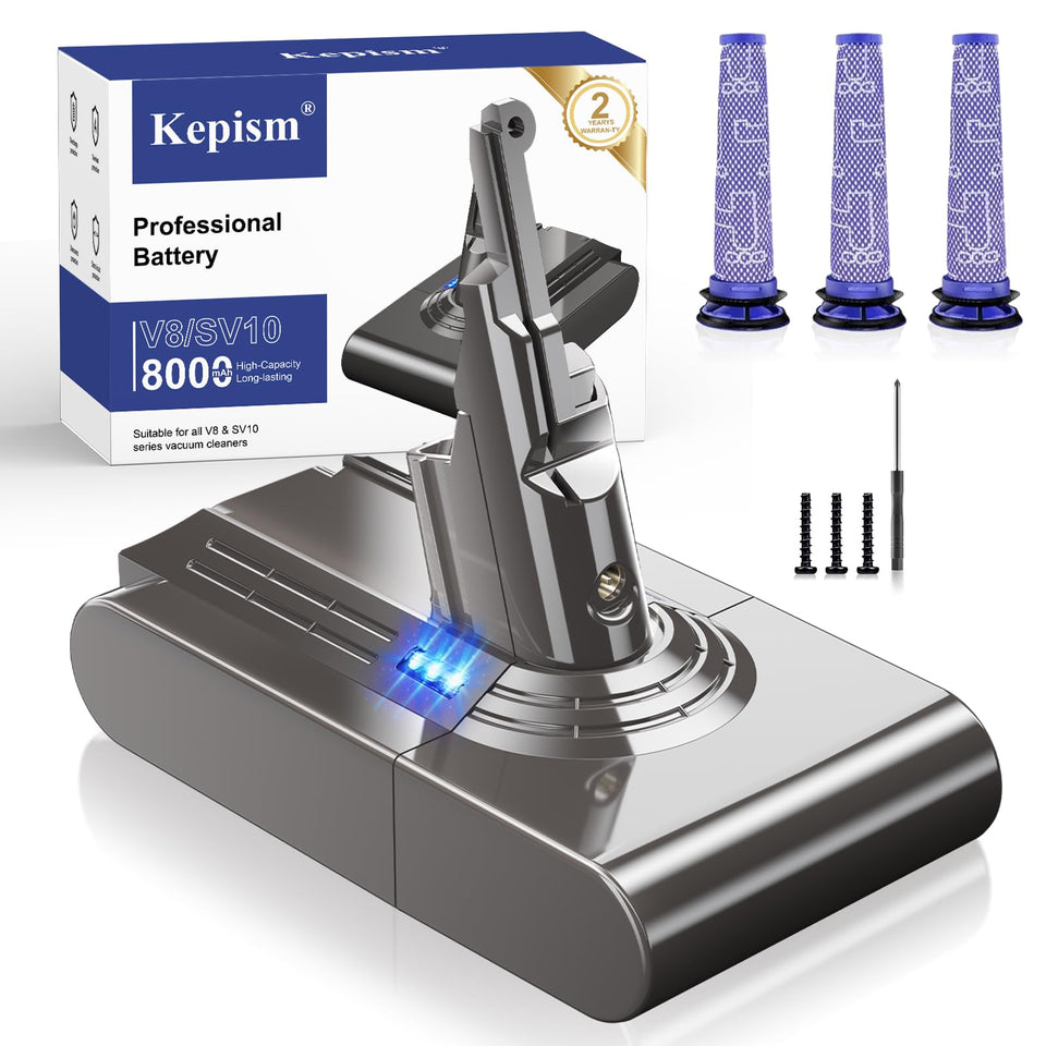 Kepism Dyson V8 8000mAh battery replacement for longer cleaning sessions.