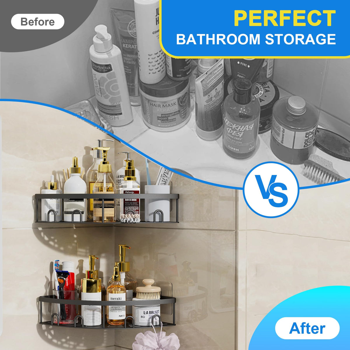 Kerisgo corner shower caddy adhesive mount small fits compact bathrooms