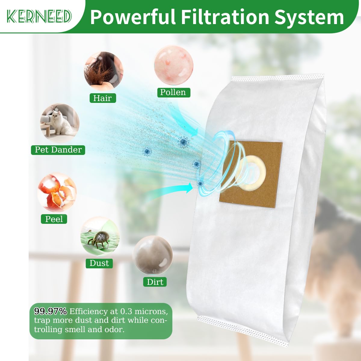 In-use shot of Kerneed bags capturing dust in a large room