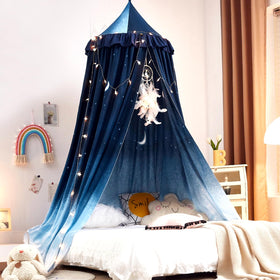 Kertnic Decor Canopy for Kids Bed pink round dome creates a cozy reading corner.