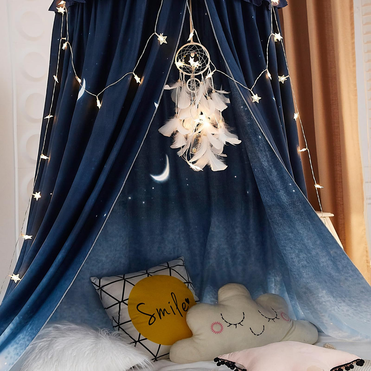 Kertnic Decor Canopy for Kids Bed reading nook under the canopy for cozy reading.