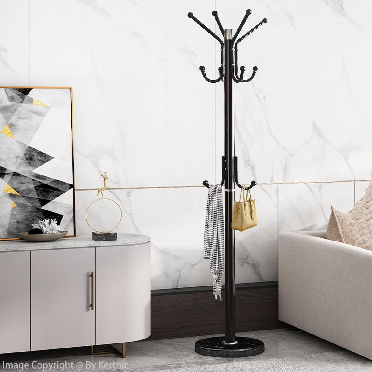 Kertnic modern coat rack 11-hooks closeup showing versatile hanging capacity.