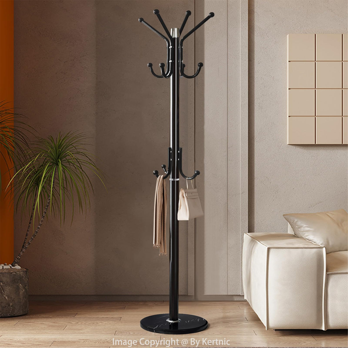 Kertnic modern coat rack with coats hats illustrates real-world organization.