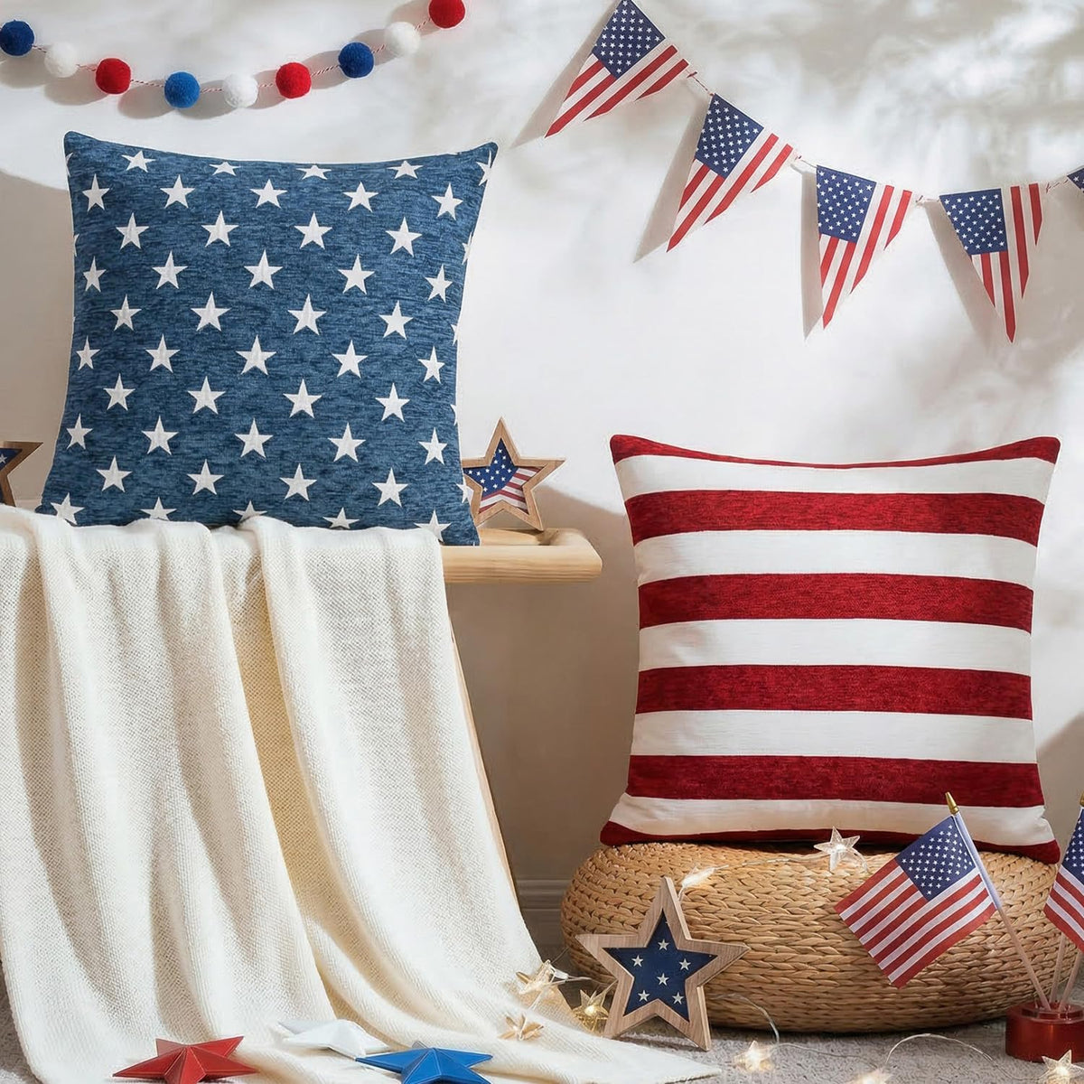 Kevin Textile Independence Day decor on sofa inspires seasonal style