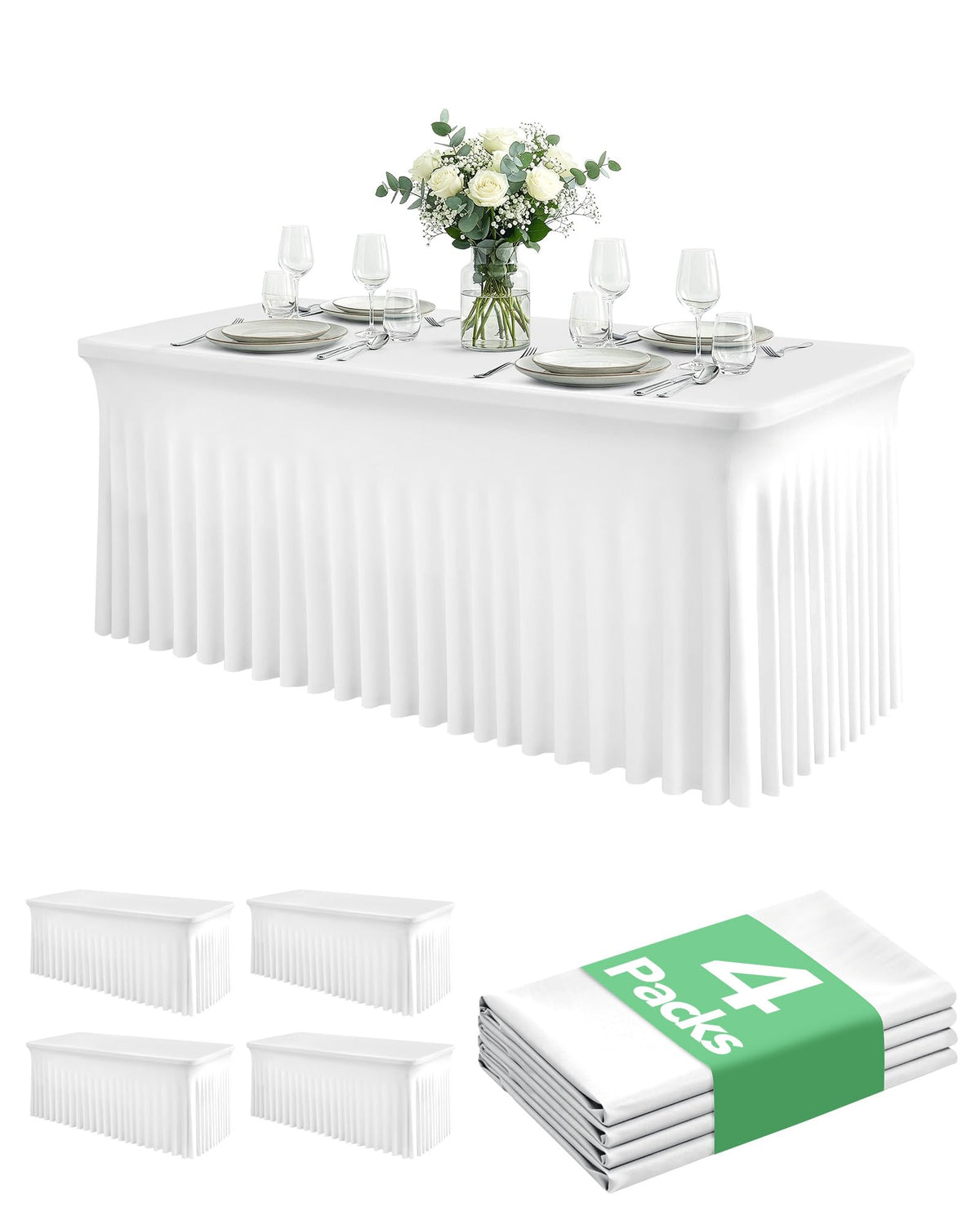 KeyWave 4-pack spandex table skirt front view shows floor-length elegance for chic banquets