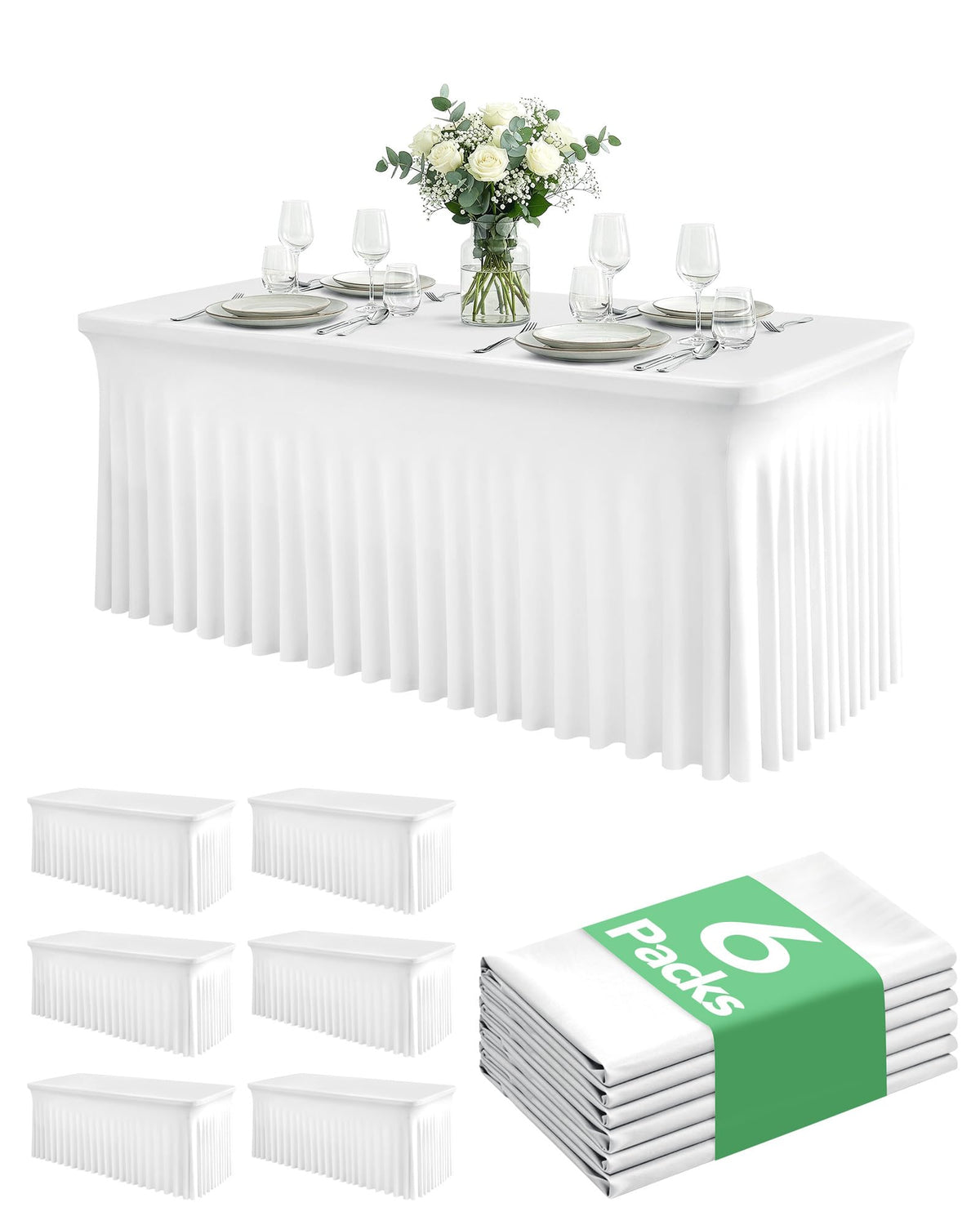 KeyWave 6-pack spandex table cover skirt on a 6ft table for a seamless event look.