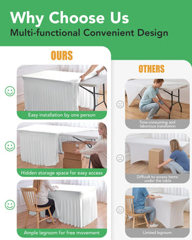 Elastic fitted skirt fits a 72-inch banquet table without clips or pins.
