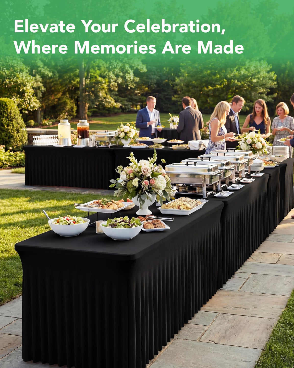 Floor-length black skirt with ruffle for refined table decor by KeyWave.