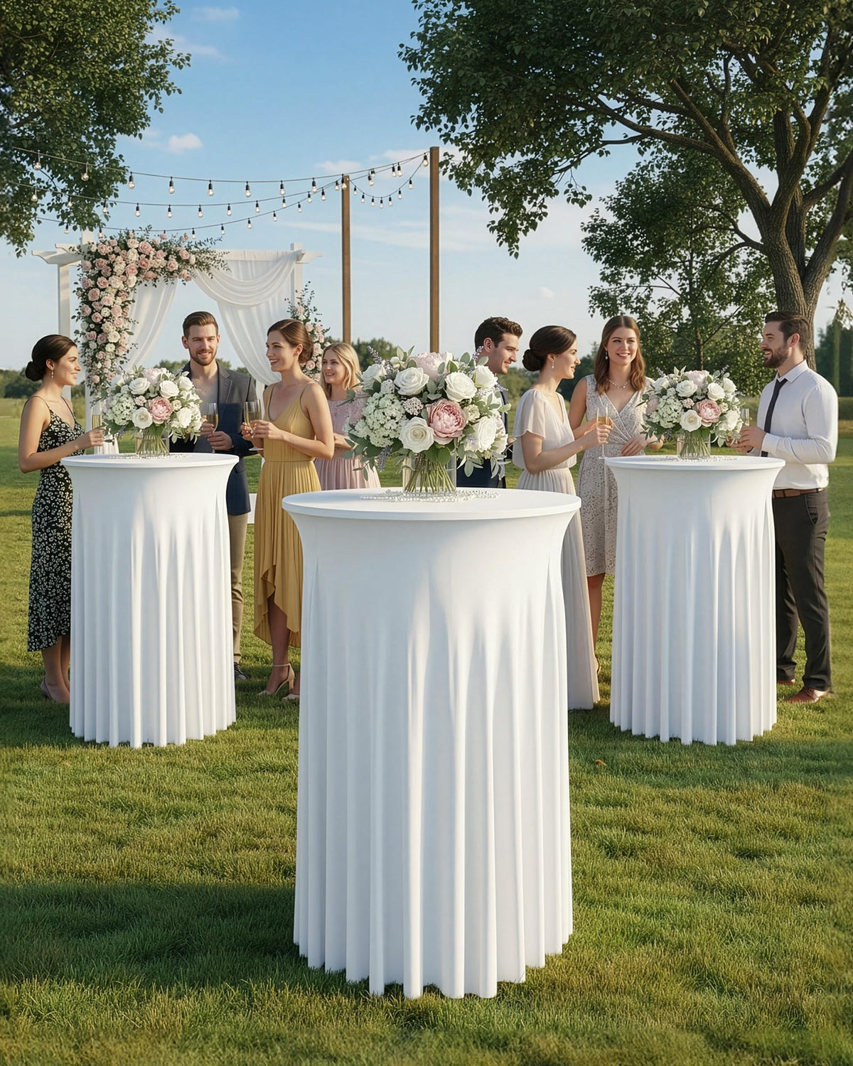 KeyWave white high-top table cover with floor-length ruffle for weddings