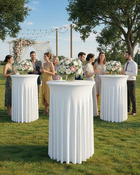 KeyWave white high-top table cover with floor-length ruffle for weddings