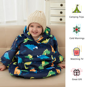 KFUBUO dinosaur hoodie blanket with a big hood and accessible pockets for warmth and storage.