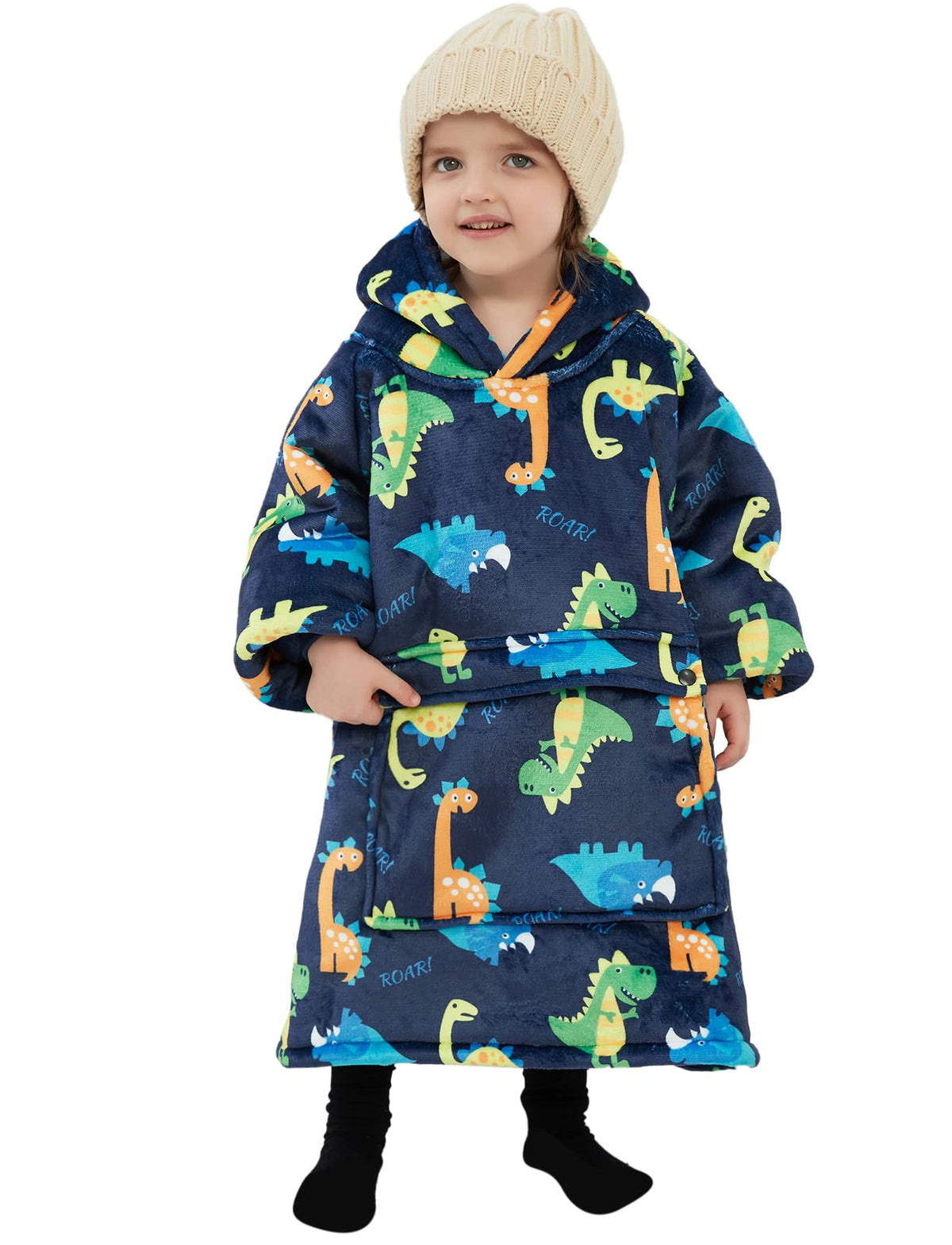 KFUBUO dinosaur wearable blanket hoodie for kids with cozy hood and pockets for warmth.