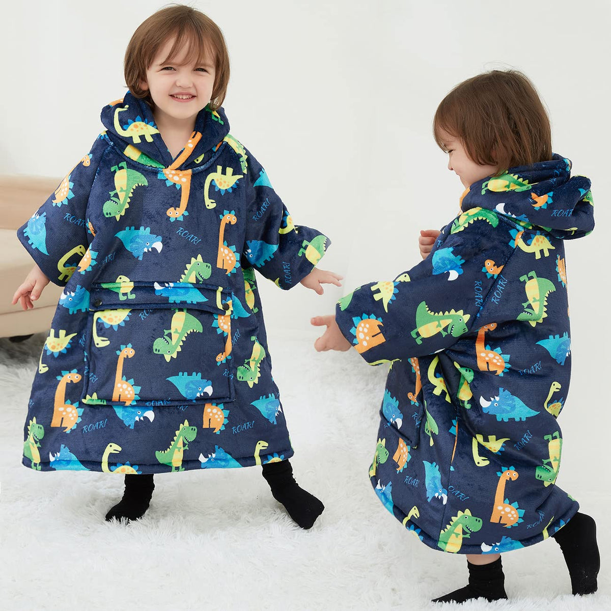 KFUBUO dinosaur hoodie blanket features plush sherpa lining for extra warmth and comfort.