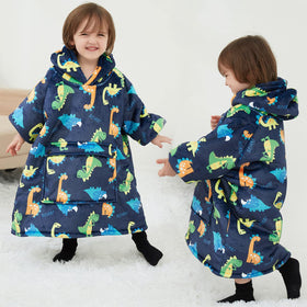 KFUBUO dinosaur hoodie blanket features plush sherpa lining for extra warmth and comfort.