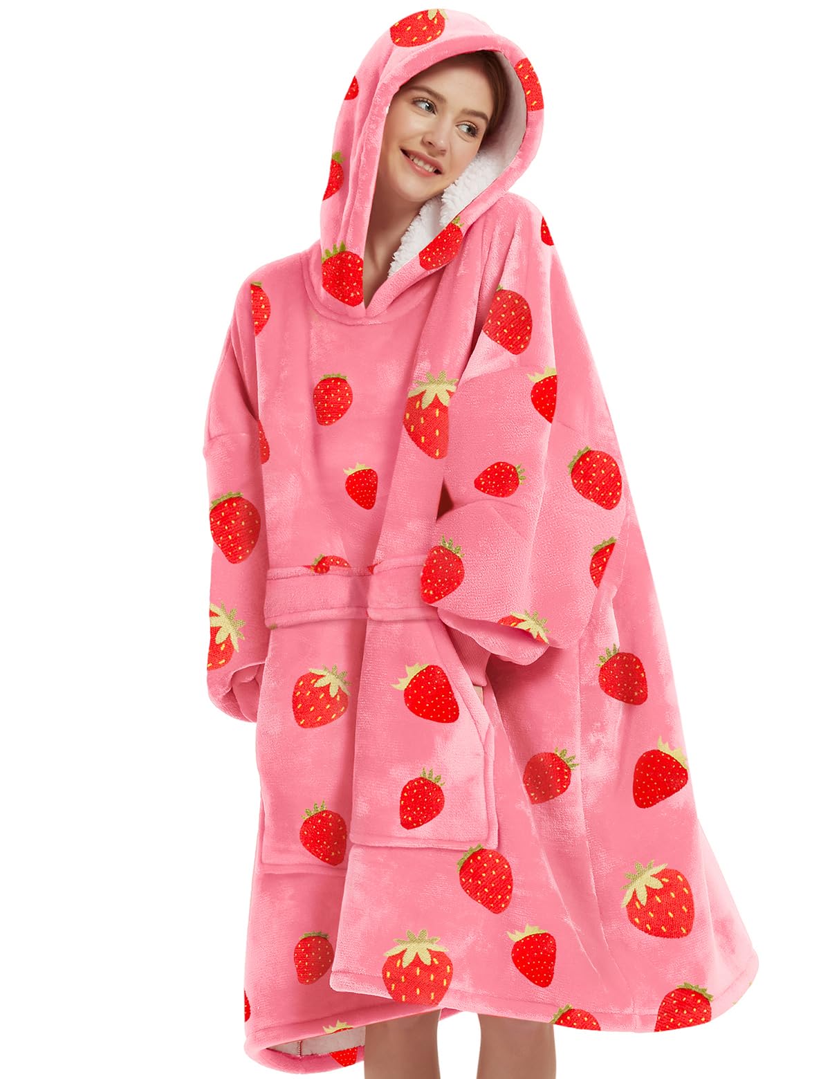 KFUBUO wearable blanket hoodie in strawberry pattern offers cozy lounging warmth.