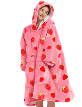 KFUBUO wearable blanket hoodie in strawberry pattern offers cozy lounging warmth.