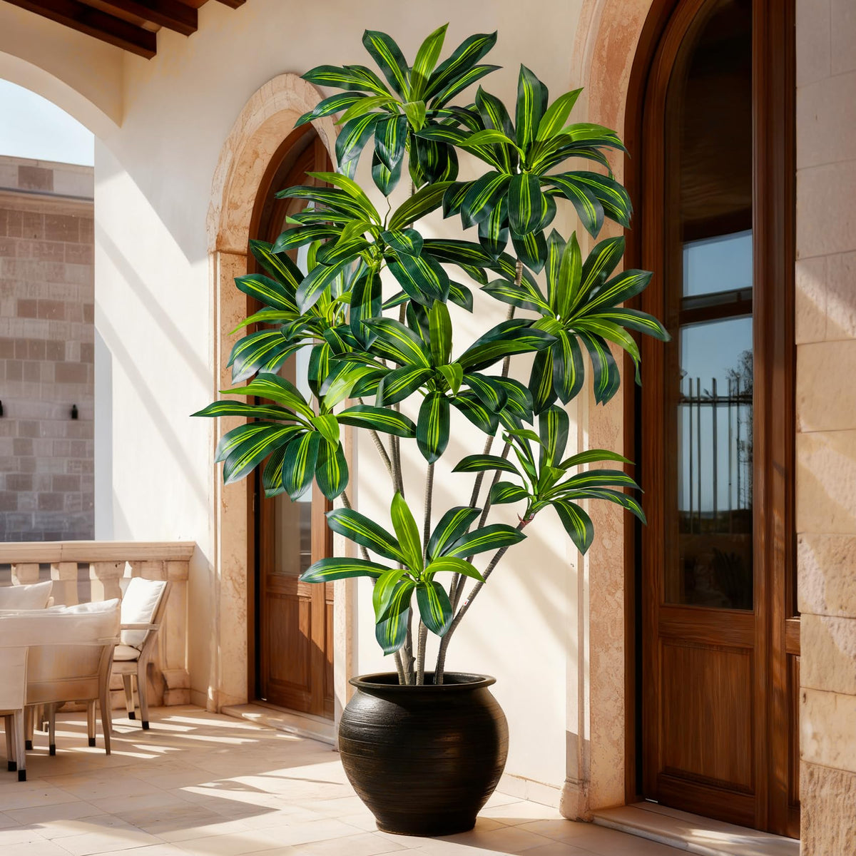Kgabbke tall faux Dracaena tree enhances floor space in living rooms.