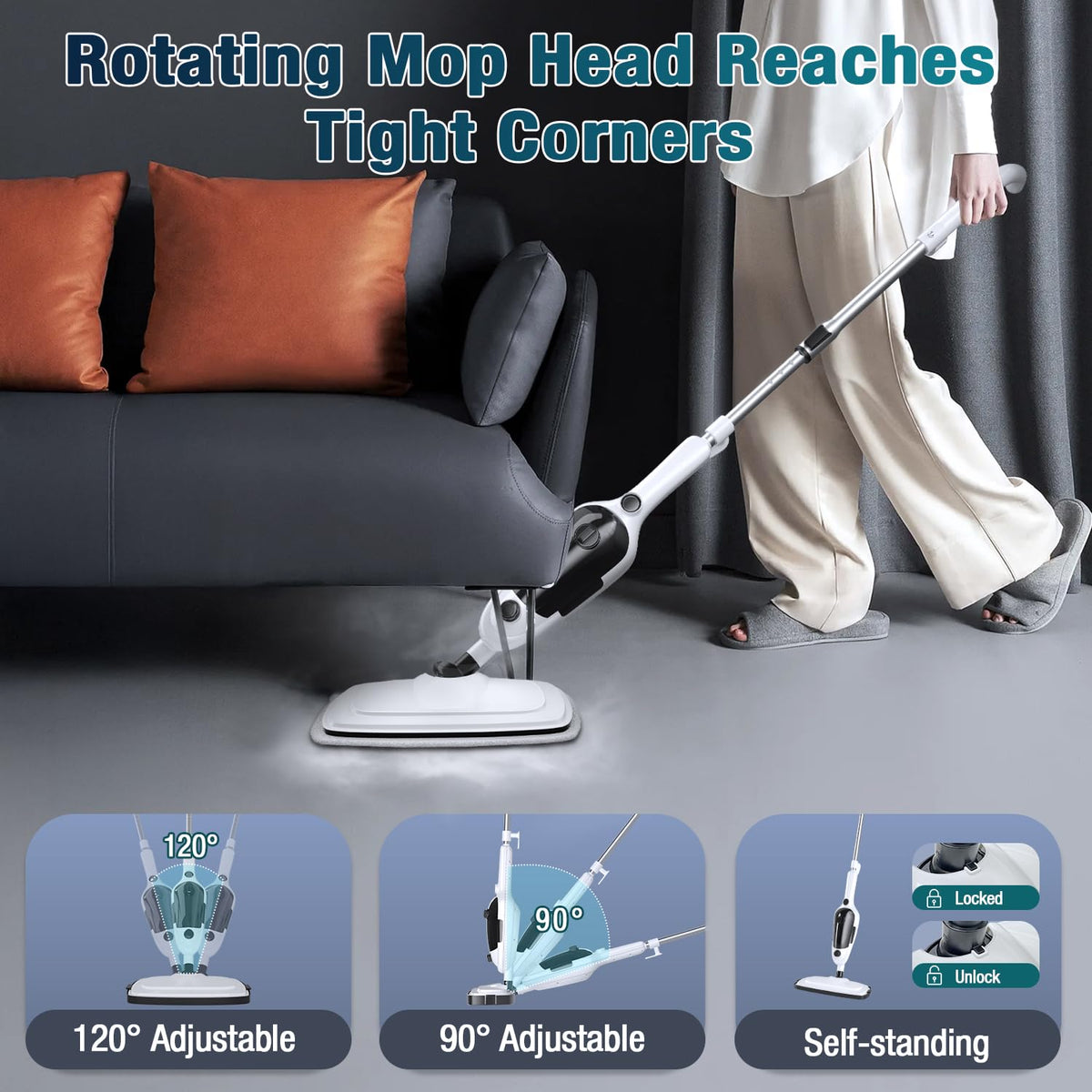 KGHKGH Steam Mop rotating-angle head reaches tight corners under furniture.