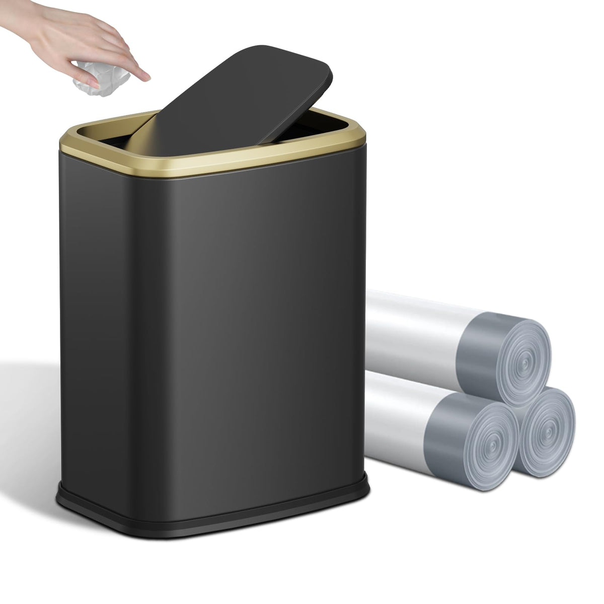 KHMMGK 8L small trash can with swing-top lid in black fits under sinks.
