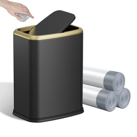 KHMMGK 8L small trash can with swing-top lid in black fits under sinks.