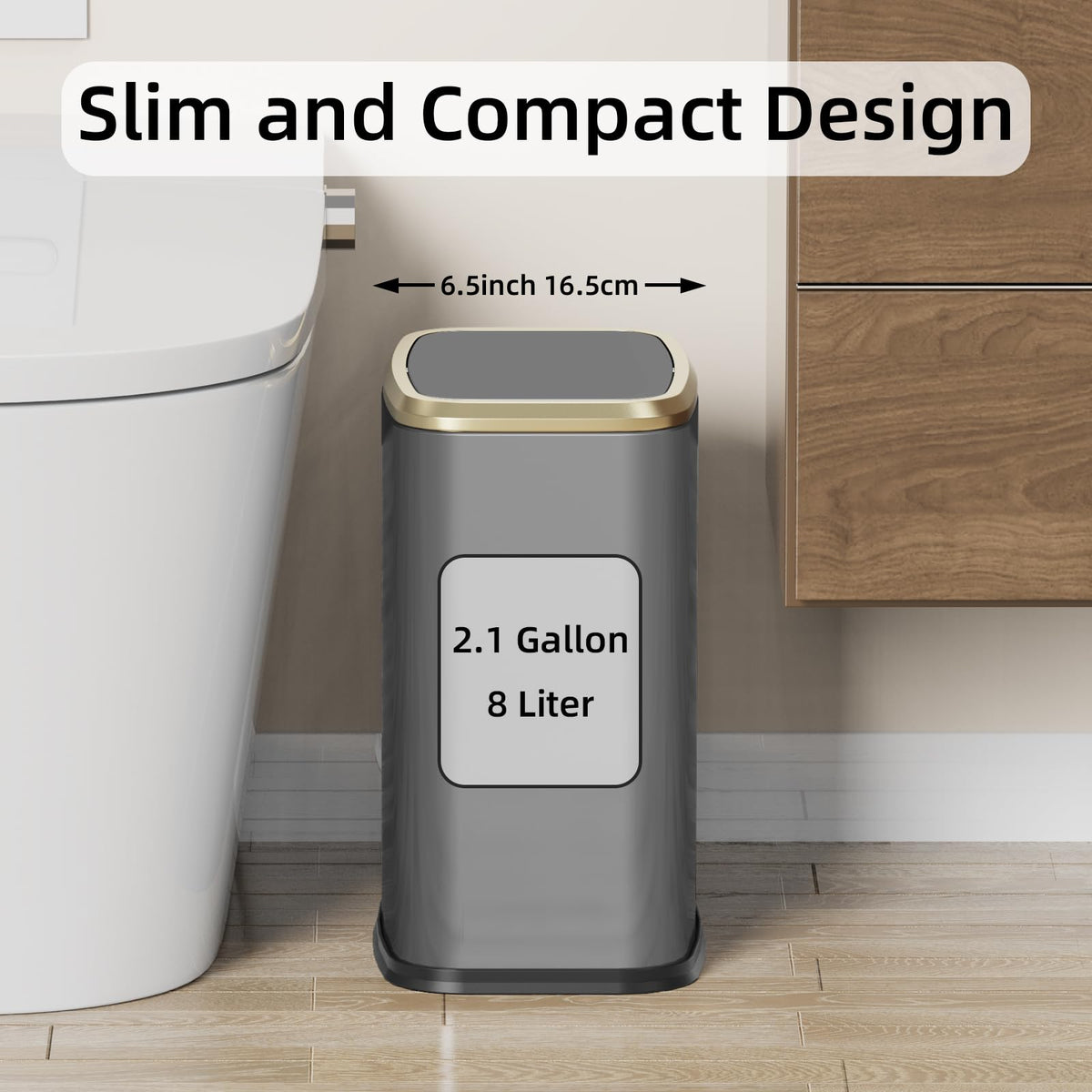 KHMMGK 8L trash can swing-top showing quiet, smooth operation ideal for kitchens and offices.