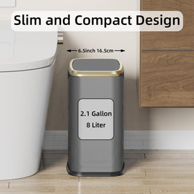 KHMMGK 8L trash can swing-top showing quiet, smooth operation ideal for kitchens and offices.