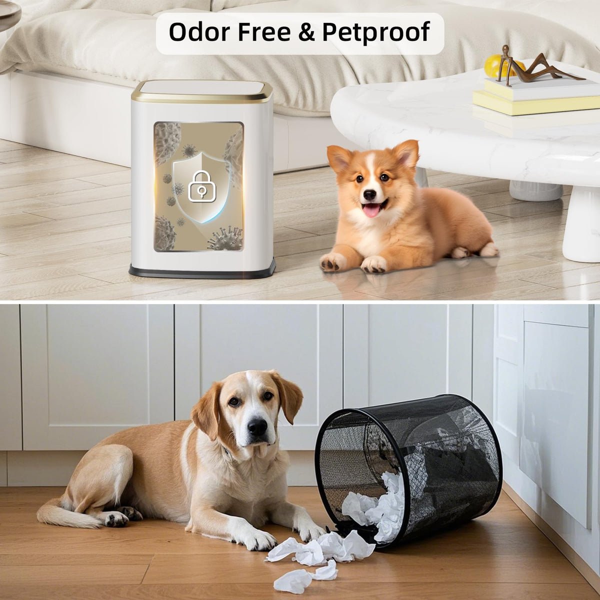 KHMMGK stainless-steel trash can with fingerprint-resistant finish stays easy to wipe.