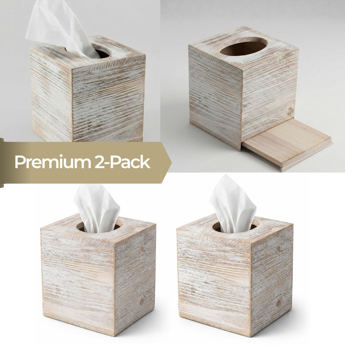 Close-up of Khnum white barnwood tissue box cover square design showing craftsmanship