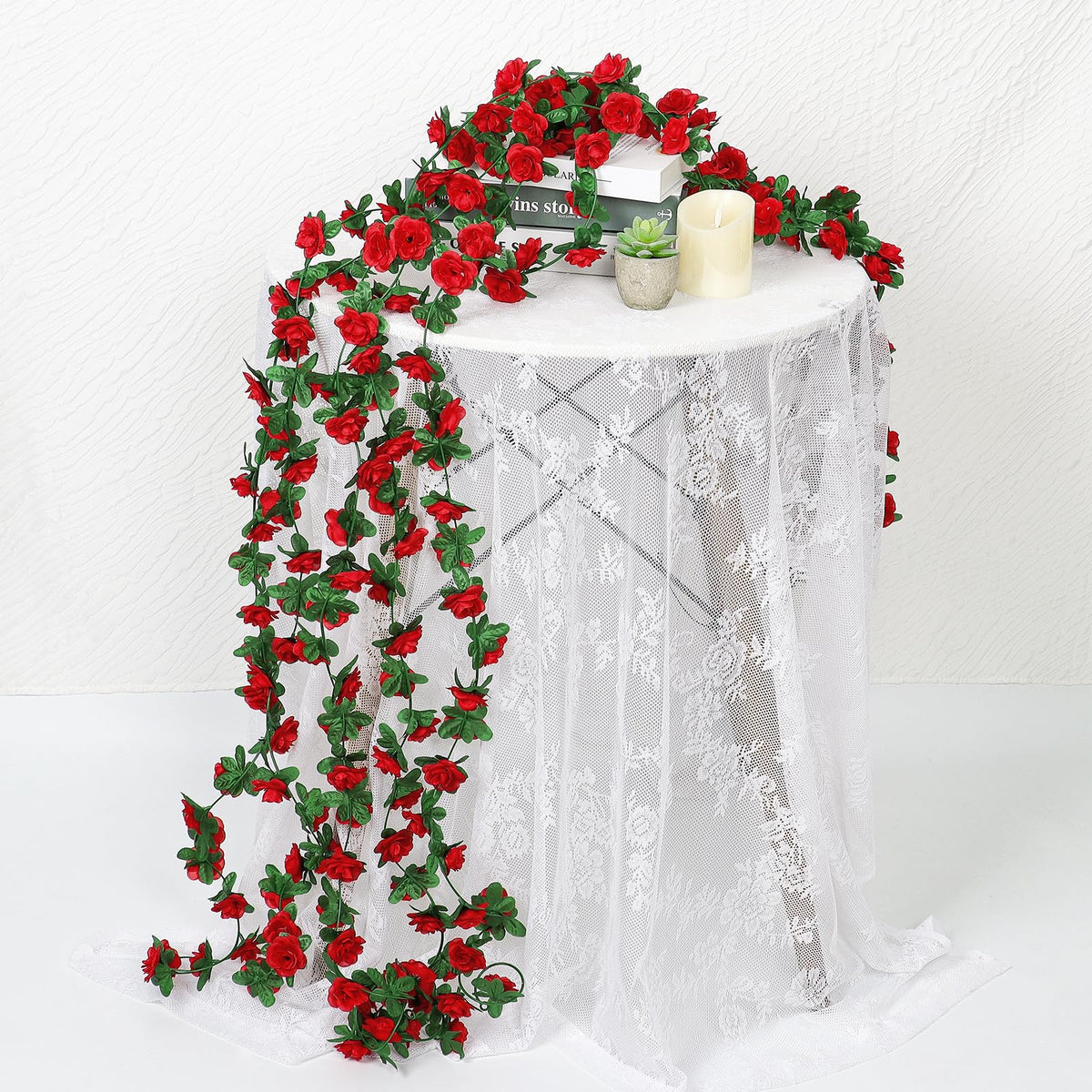 KHOYIME red rose garland draped on a chair for whimsical decor
