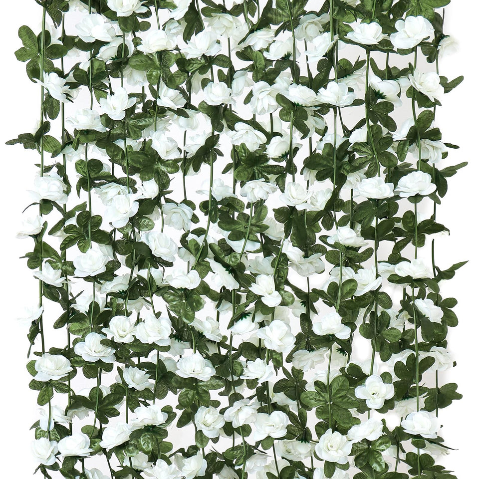 Khoyime 9-pack white rose garland spans 72 ft, ideal for elegant wedding backdrops.