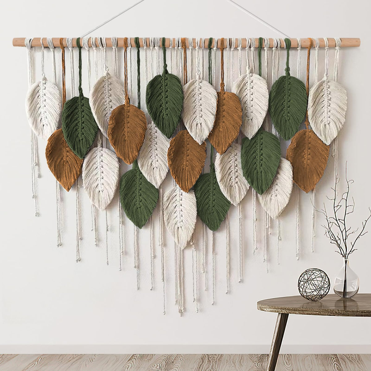 Khoyime large macrame wall hanging with leaf tassel detail, ideal for cozy living room decor.