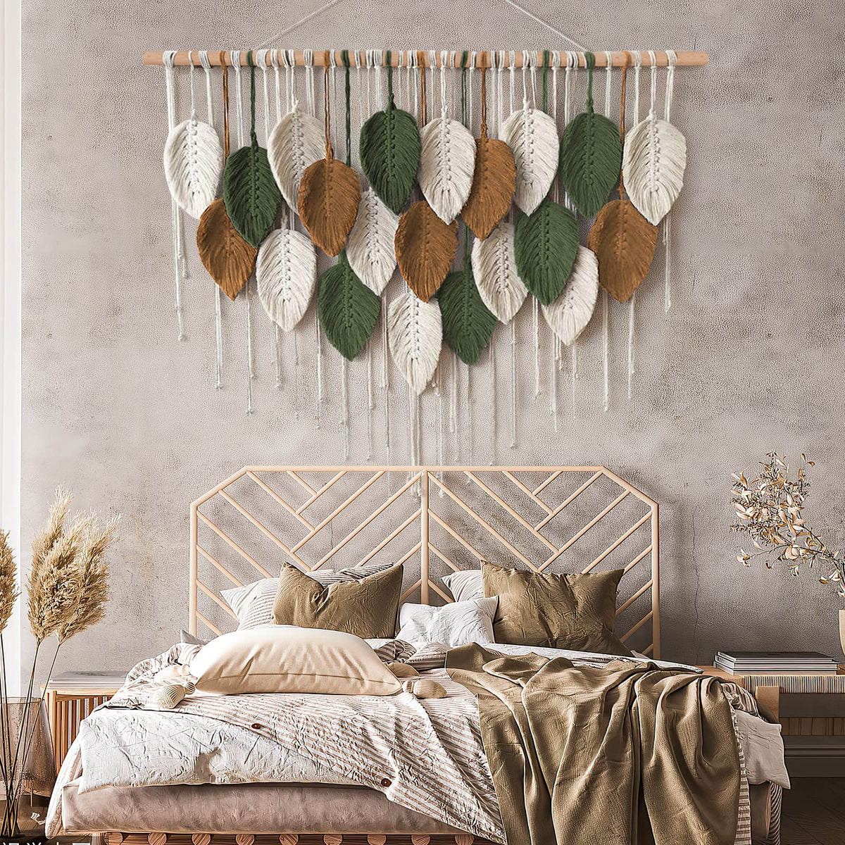 Khoyime leaf tassel decor hangs above beds or sofas, creating a boho focal point.