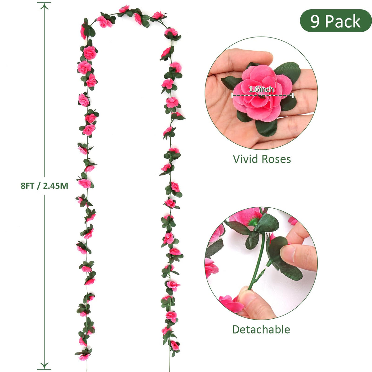 KHOYIME rose garland closeup shows soft silk petals and bendable stems