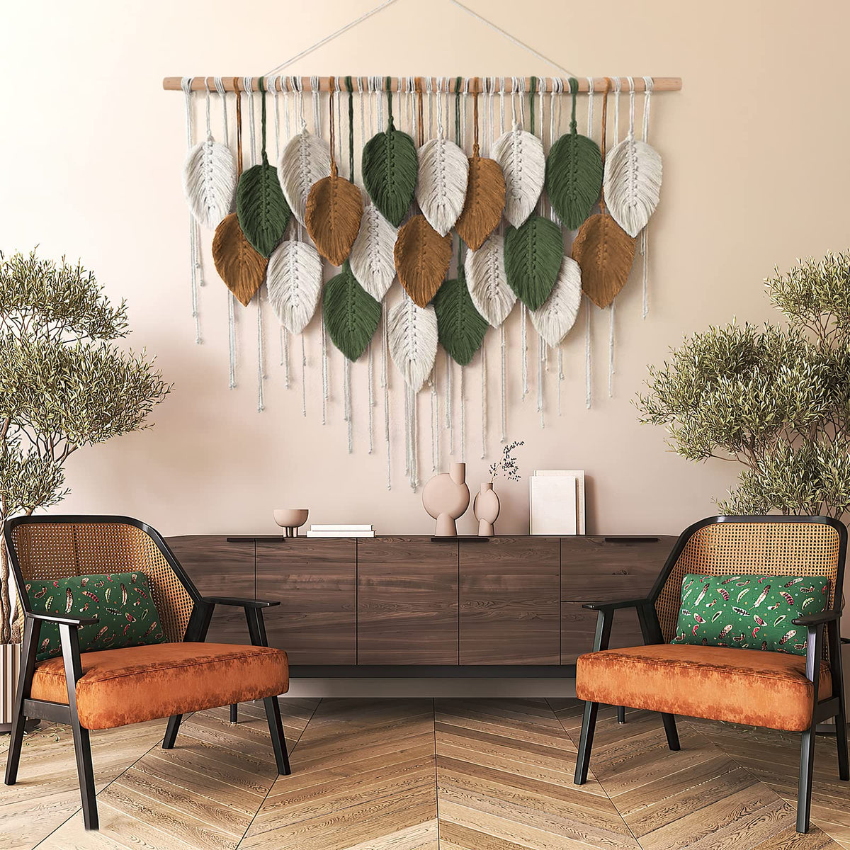 Khoyime woven tapestry leaf design provides natural warmth for bedrooms or lounges.