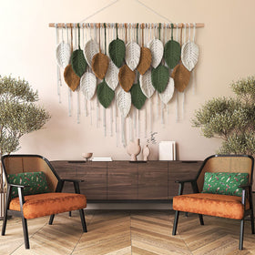 Khoyime woven tapestry leaf design provides natural warmth for bedrooms or lounges.