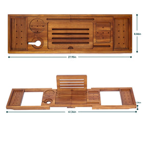 Kiasthome expandable teak bathtray offers a wide surface for essentials.