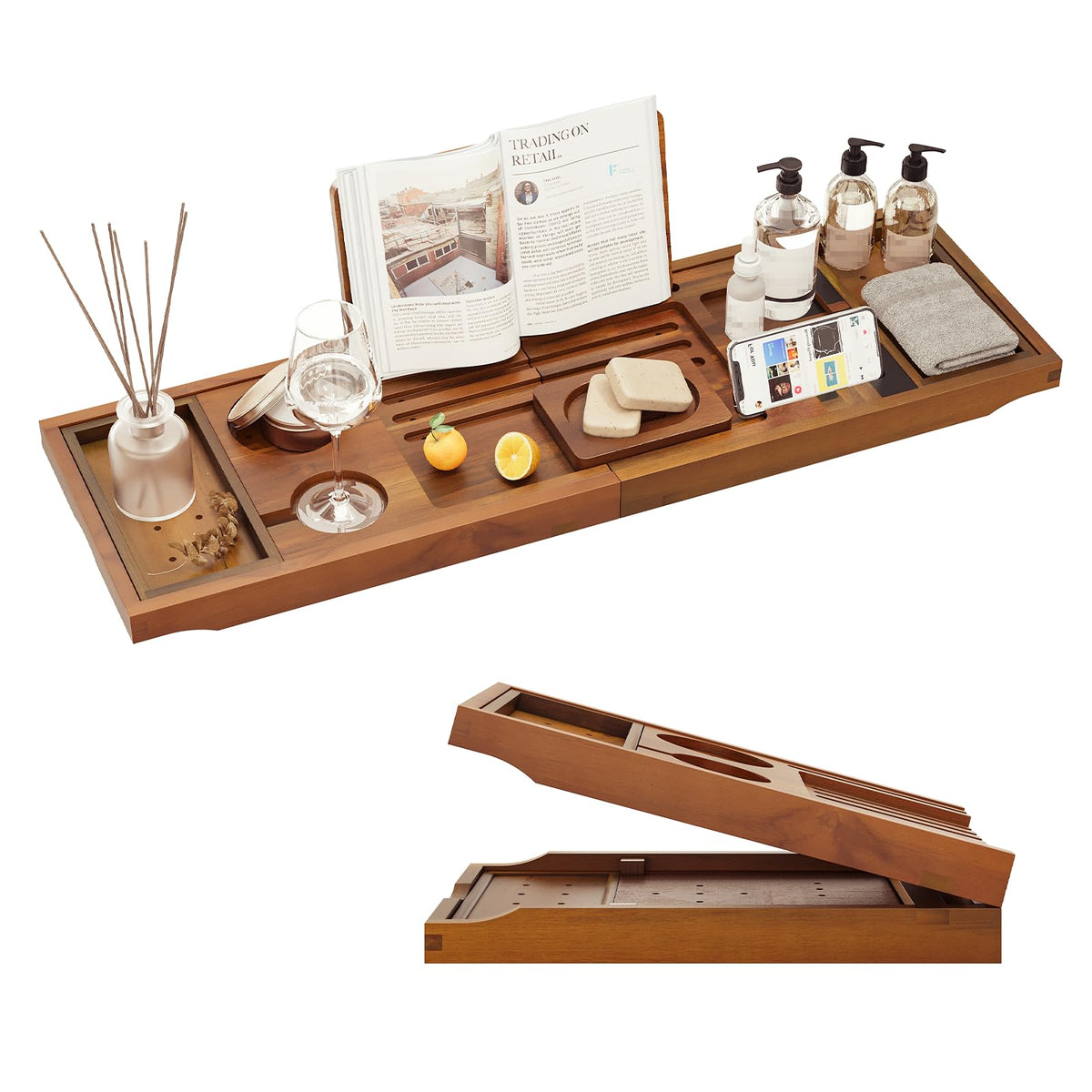 Kiasthome premium teak bathtray extends to fit large tubs, keeping towels and books within reach.