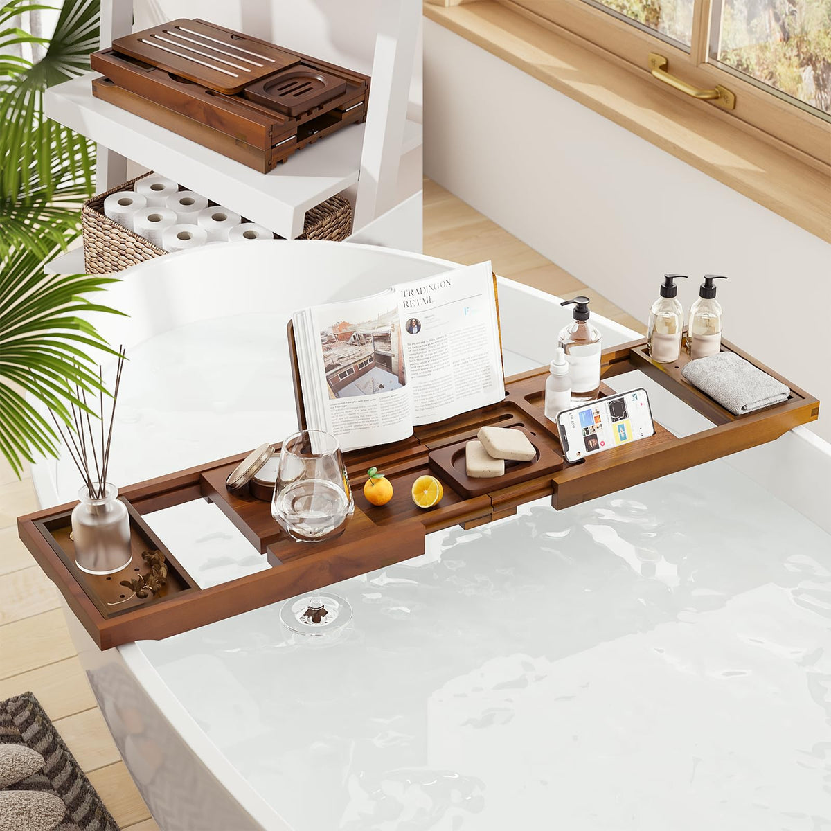 Kiasthome teak bathtray folds compactly for easy storage after use.