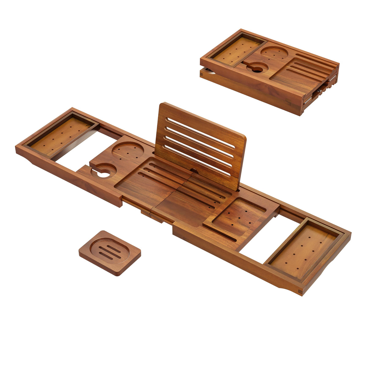 Kiasthome teak bathtray keeps essentials like wine and candles in reach.