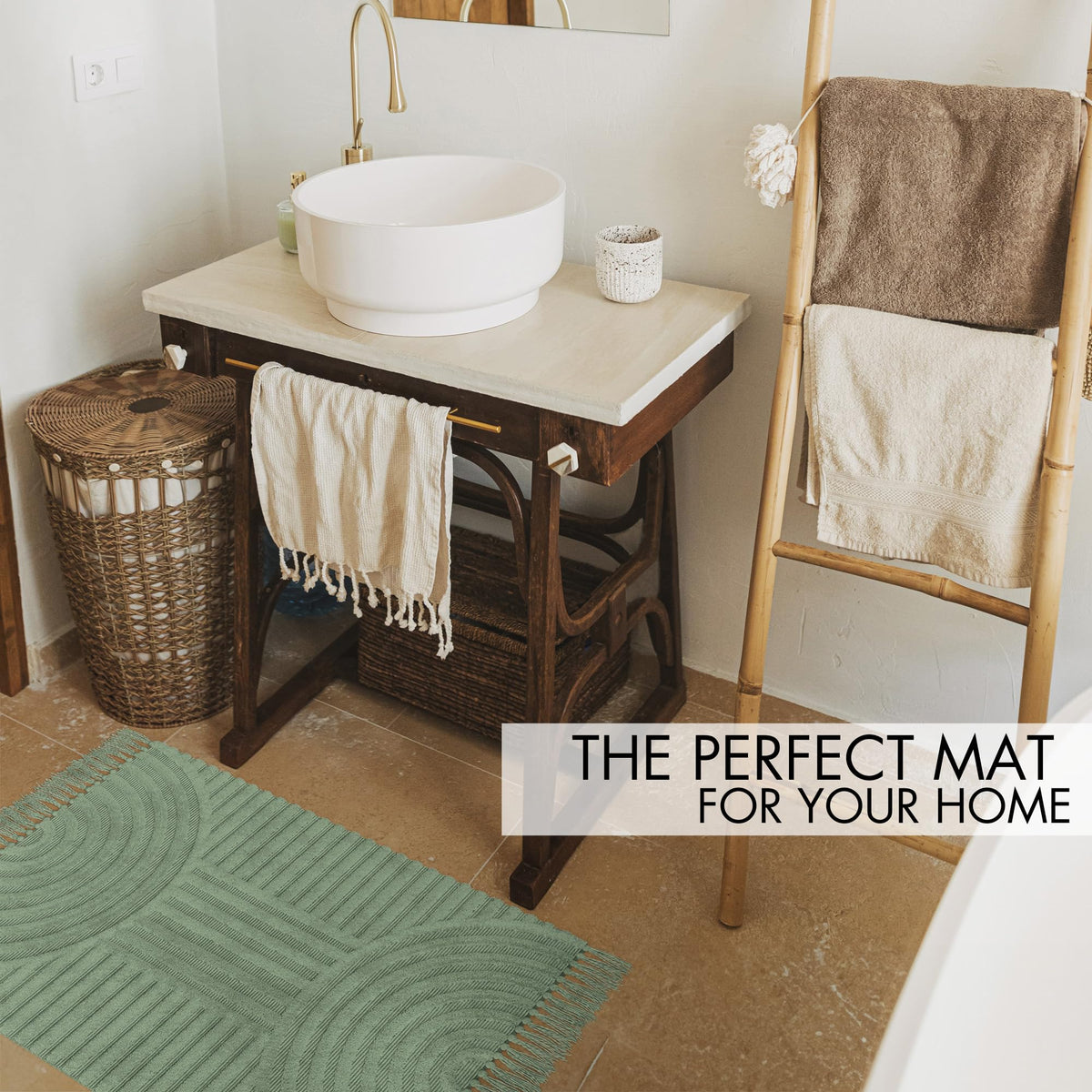 KIBAGA bathroom mat anti-slip bottom keeps rugs in place.