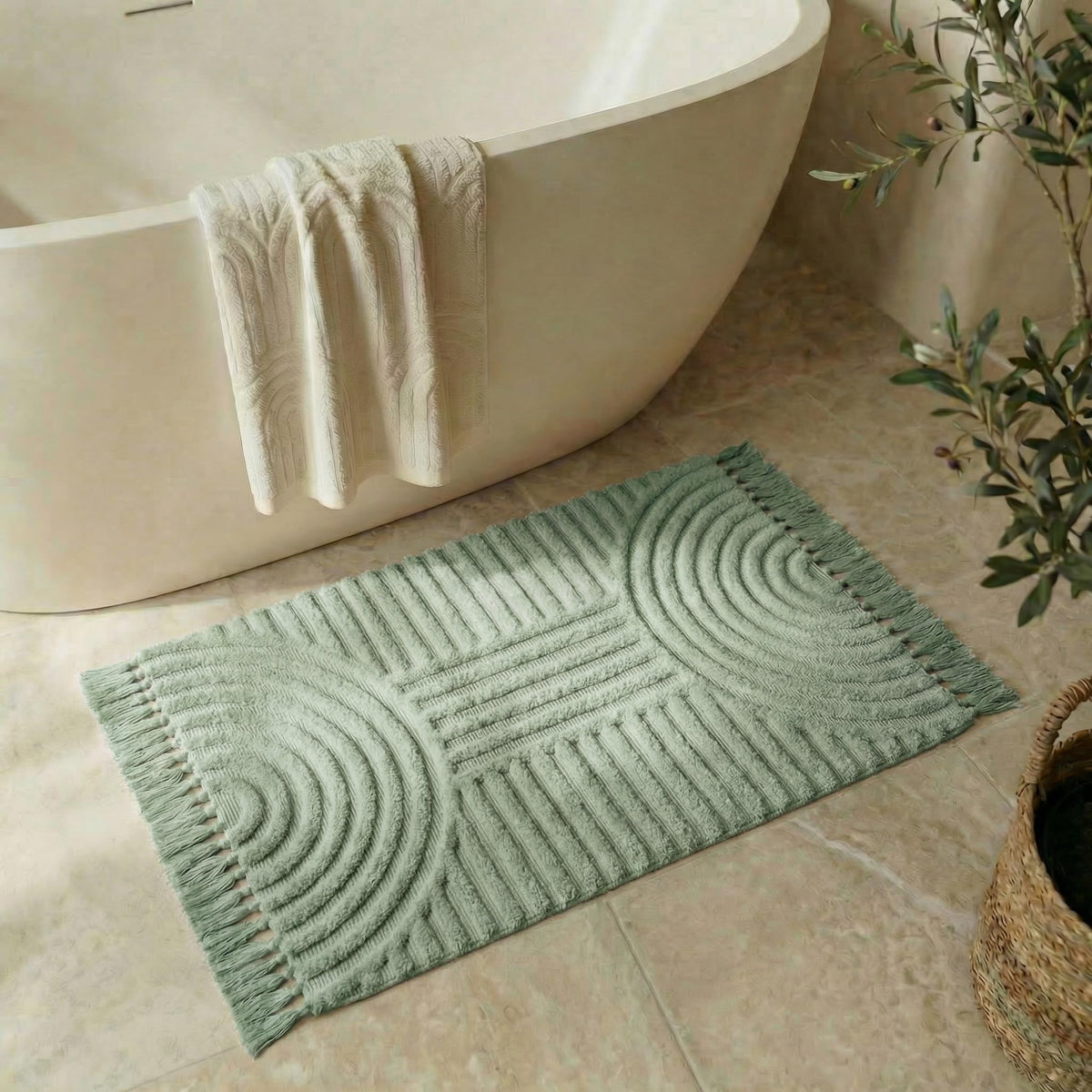 KIBAGA boho rug tassels in bathroom provide soft texture and anti-slip safety.
