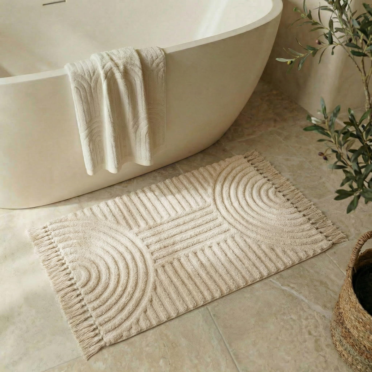 KIBAGA boho rug tassels add playful charm to bathroom décor.