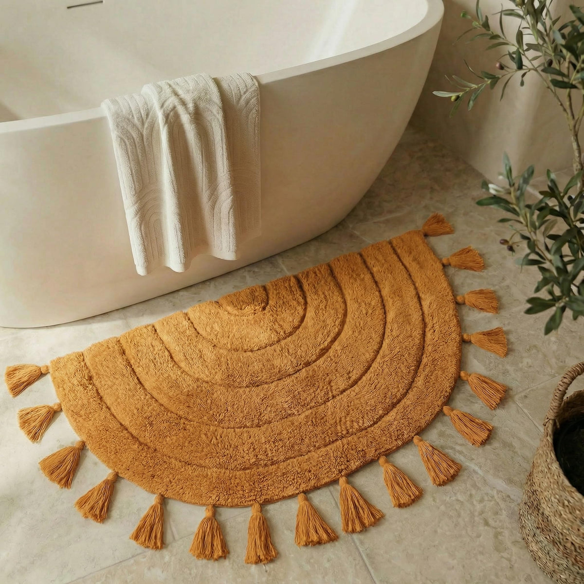 KIBAGA boho rug tassels detail adds cozy charm to your bathroom