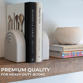 KIBAGA bookends feature non-slip pads to protect shelves from scuffs.
