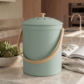 KIBAGA countertop compost bin sage front view for odor-free daily use