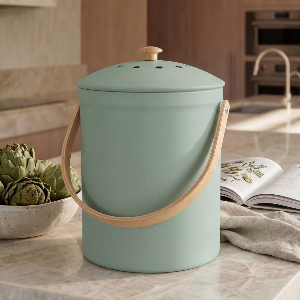 KIBAGA countertop compost bin sage front view for odor-free daily use