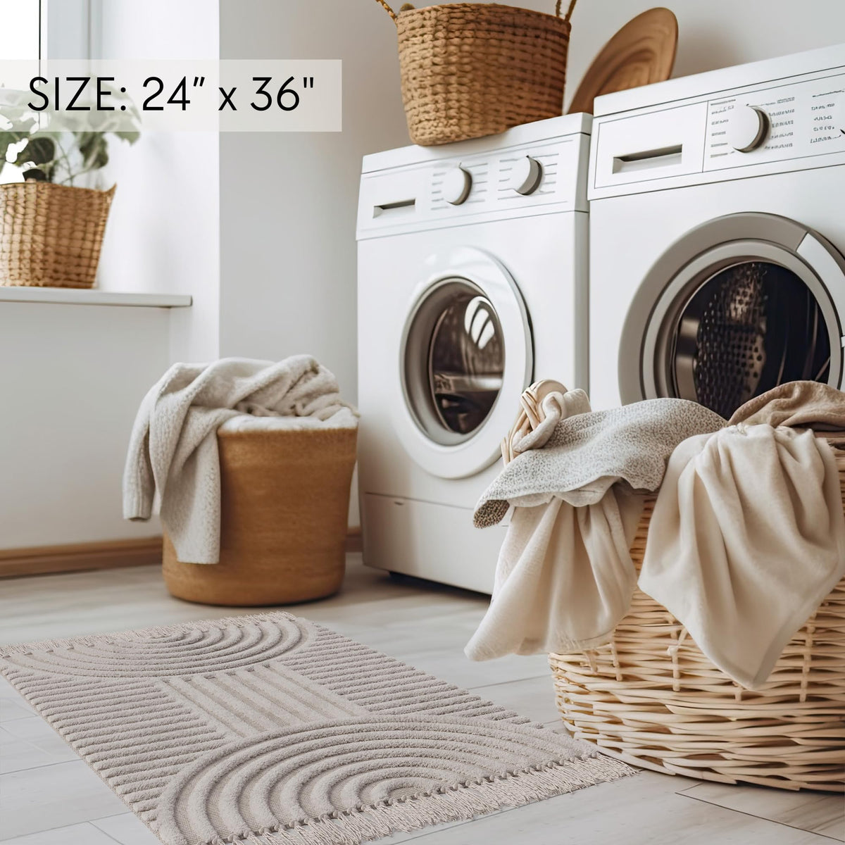KIBAGA cream boho rug neutral tones blend with any decor.