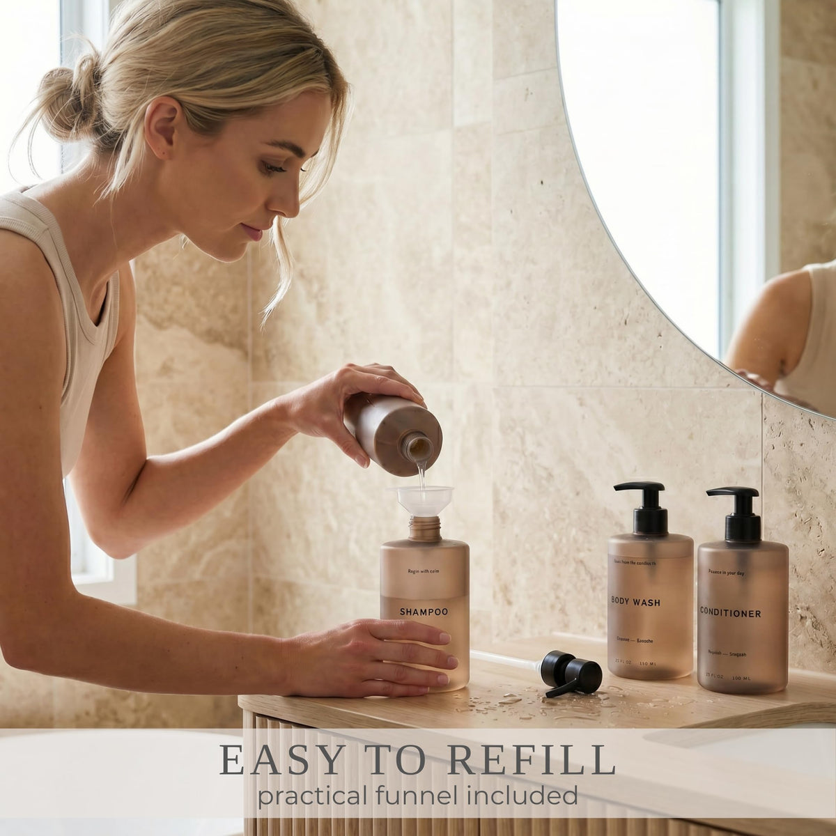 KIBAGA frosted PET bottles deliver durable, premium bathroom aesthetics.
