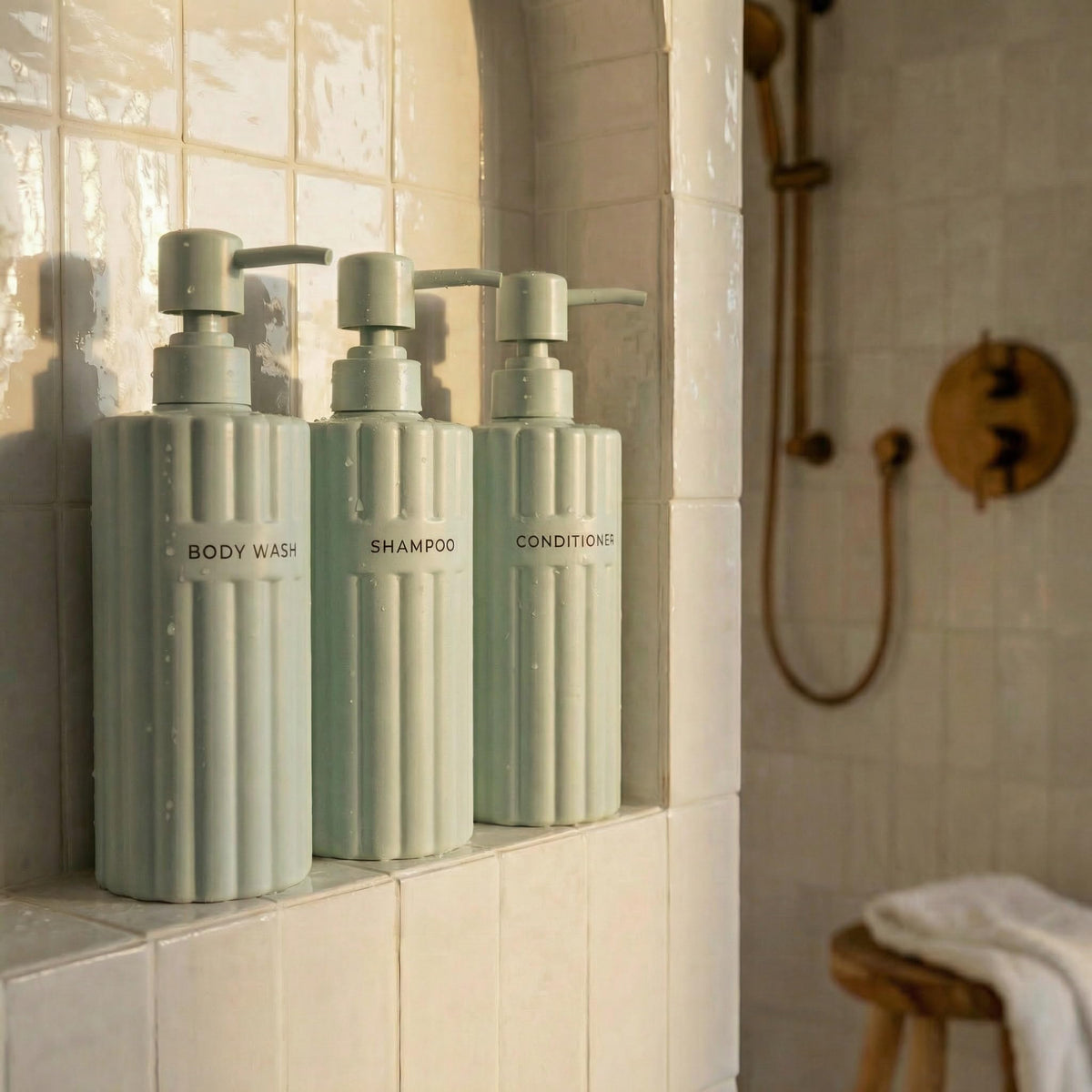 KIBAGA fluted shampoo dispenser with 19oz capacity keeps showers tidy.